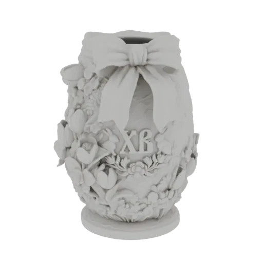 Modelo 3D de un vaso huevo de pascua ornamentado con intrincados relieves florales, un lazo decorativo e inscripción 'XB', so