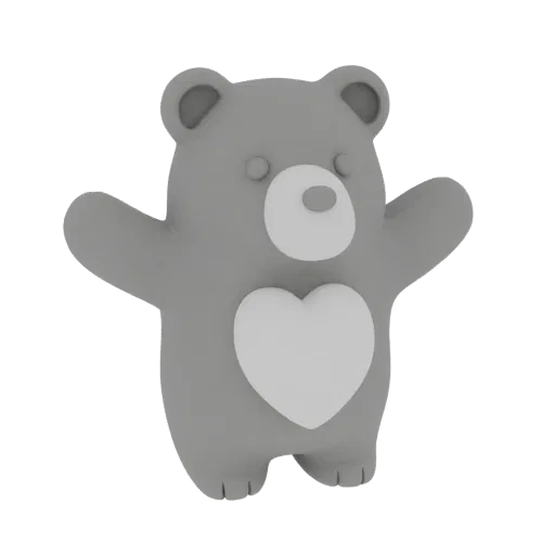 A 3D render of a cute, gray cartoon bear with its arms open wide in a welcoming hug, a large white heart prominently displaye