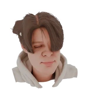 3D model of a young man with brown hair swept to the side, wearing a light hoodie, with eyes closed and a slight smile.