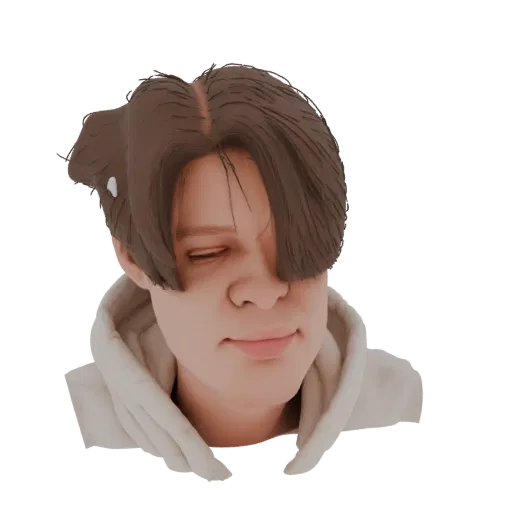 3D model of a young man with brown hair swept to the side, wearing a light hoodie, with eyes closed and a slight smile.