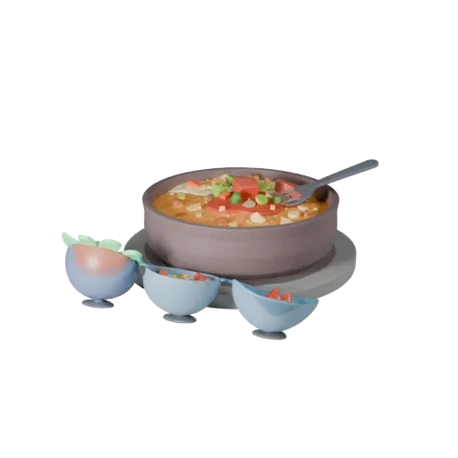 Schüssel Suppe Stilisierte 3D-Modell, stilisierte isometrische Darstellung, die Saucen und eine angerichtete Komposition zeig