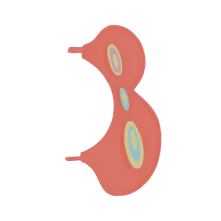3D-Modell einer abstrakten Schmetterlingsmaske in Korallenrosa mit pastellfarbenen Oval-Intarsien, von der Seite betrachtet.