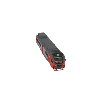 Uma renderização 3D de um trem elétrico moderno com exterior vermelho e cinza, visto de um ângulo ligeiramente elevado.