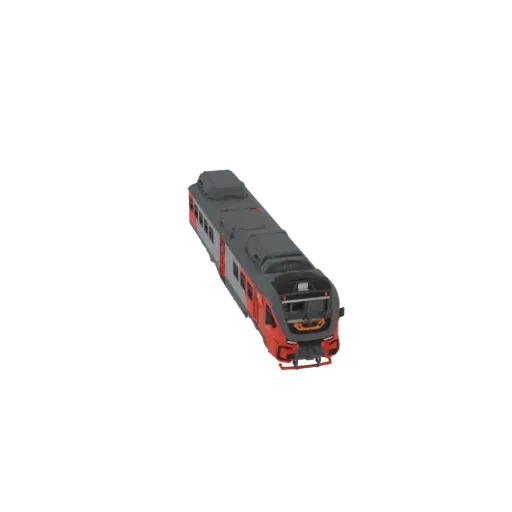 A 3D render of a modern electric train with a red and gray exterior, viewed from a slightly elevated angle.
