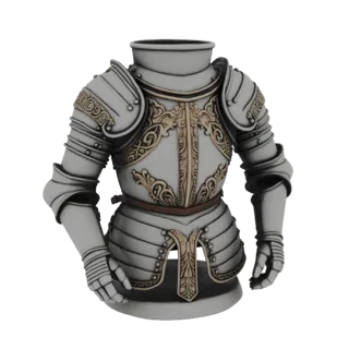3D model of a medieval knight's cuirass with ornate gold engravings on a silver-toned surface, presented on a white backgroun