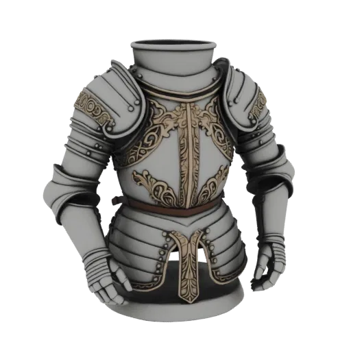 Modèle 3D de cuirasse de chevalier médiéval avec gravures dorées ornées sur une surface argentée, présenté sur fond blanc.