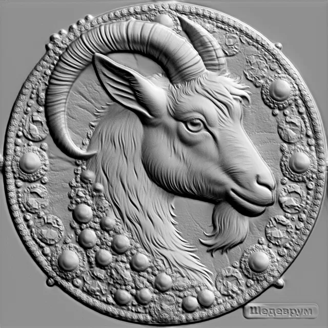 3D model of goat head bas-relief in ornate round frame, front view