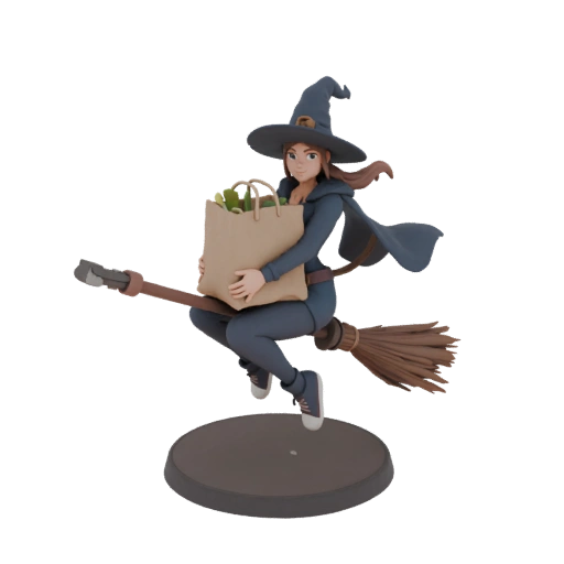 Witch on a broom with a grocery bag