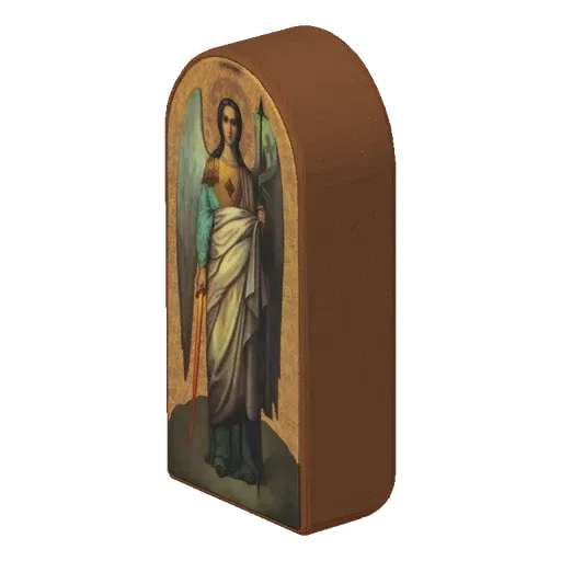 3D model render of the Archangel Michael icon, showing him with wings, armor, and holding a spear and banner.