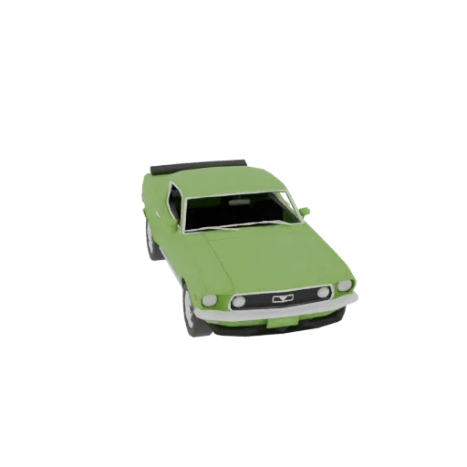 A green, low-poly 3D model of a 1969 Ford Mustang GT Fastback, viewed from a three-quarter front angle against a white backgr