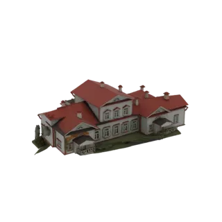 Modelo 3D de la Casa Solariega de Abramtsevo, un edificio blanco con techo rojo, sobre fondo blanco.