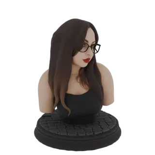3D model bust of a woman with black-rimmed glasses, red lipstick, and dark hair, on a cobblestone-textured base.