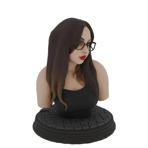 Busto modelo 3D de mujer con gafas de montura negra, labial rojo y cabello oscuro, sobre una base texturizada de adoquines.