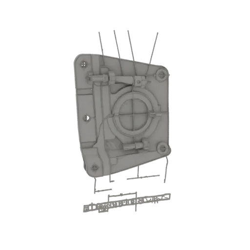 3D model of a complex industrial door latch mechanism with visible levers, springs, and locking components.
