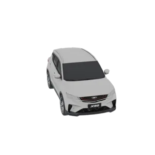 3D-Modell eines weißen Geely Coolray X50 SUV, von vorne rechts leicht erhöht betrachtet.