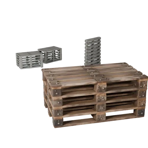 Weathered Wooden Pallet Modular 3D model, isometric modular kit view, showing wood planks, stackable massing.