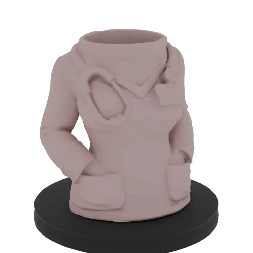 3D model of a doctor's lab coat with a stethoscope draped over the collar, presented on a black circular base.