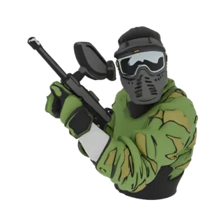 3D model of a paintball player wearing camouflage clothing and a mask, holding a paintball marker.