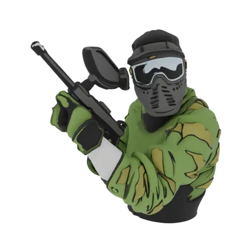 3D model of a paintball player wearing camouflage clothing and a mask, holding a paintball marker.