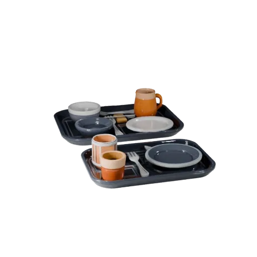 Breakfast Style Tray 3D model, three-quarter front view, Unity viewport, showing ceramic, arranged serving layout.