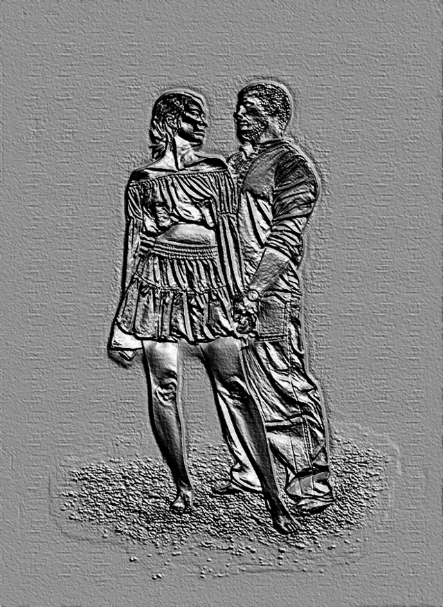 3D model of a bas-relief depicting a loving couple in engraving style, with a man and woman looking at each other.
