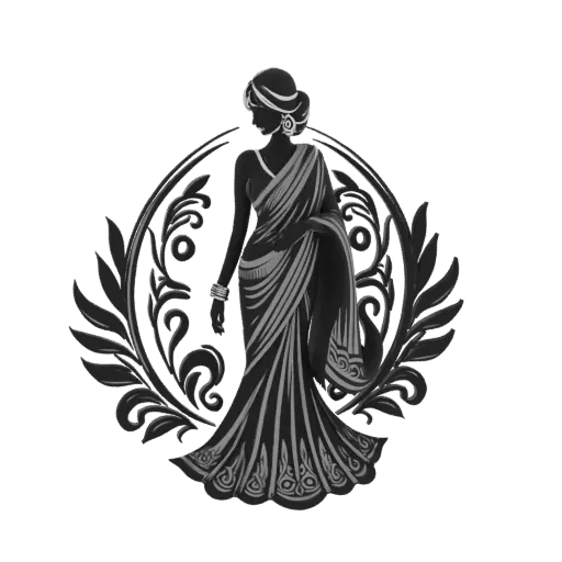 3D model of an Indian woman in a sari, rendered as a black silhouette with silver highlights, framed by ornate floral designs