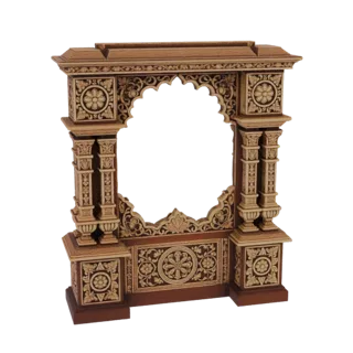 Ein detailliertes 3D-Modell eines verzierten, geschnitzten Torbogenrahmens mit filigranen floralen Motiven und klassischen ar