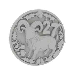 Renderização 3D de uma moeda do signo de Áries apresentando um carneiro, folhas de azevinho, bagas e sinos, com o número 27 v