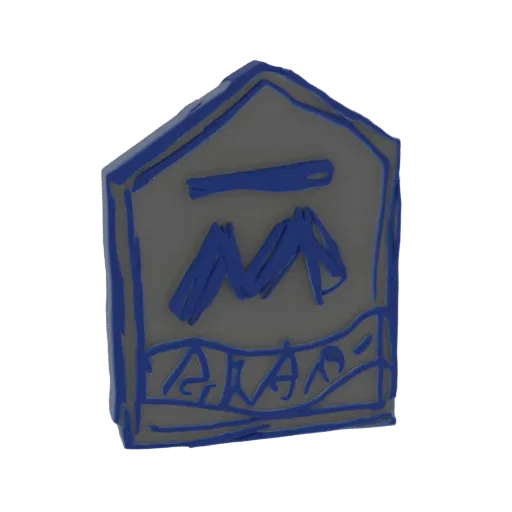 A 3D render of a stylized 'M' emblem with a banner, outlined in blue on a grey background.