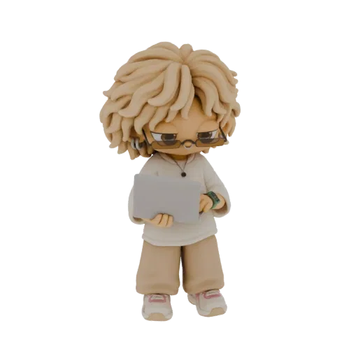 3D model of a chibi student with curly blonde hair and glasses, holding a laptop and looking down at it.
