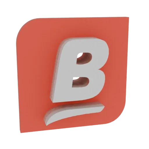 Renderização 3D de um logotipo de letra 'B' branco com profundidade sutil, contra um fundo quadrado cor de coral com cantos a