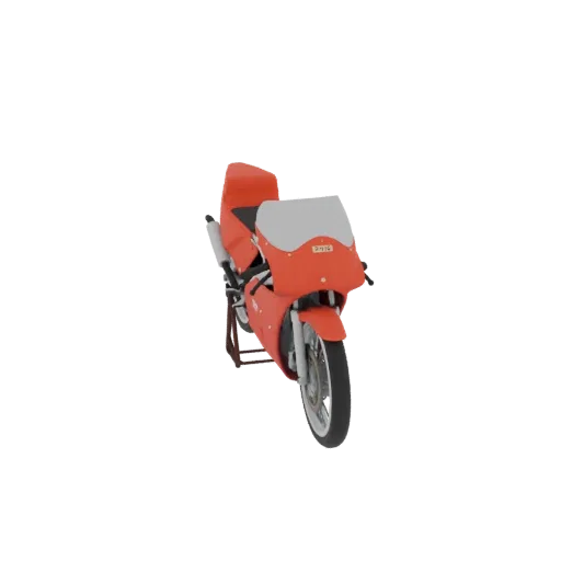 A red vintage sportbike 3D model displayed on a stand against a white background.