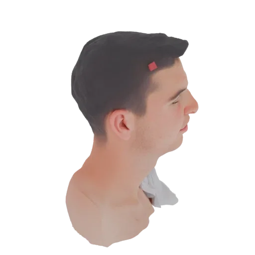 3D model render of a young man's head in profile, showing dark hair with a small red clip, realistic skin texture, and a neut