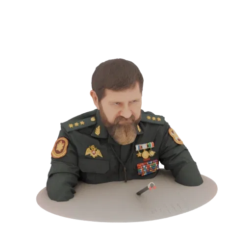 3D model of a stern military commander wearing a green uniform with multiple medals, sitting behind a desk.