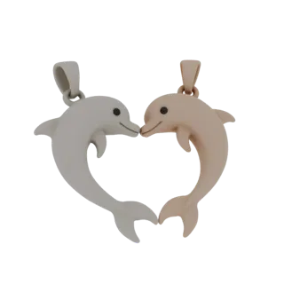 Modello 3D di due delfini argento e oro rosa che si baciano, formando un cuore, con anelli per ciondoli.