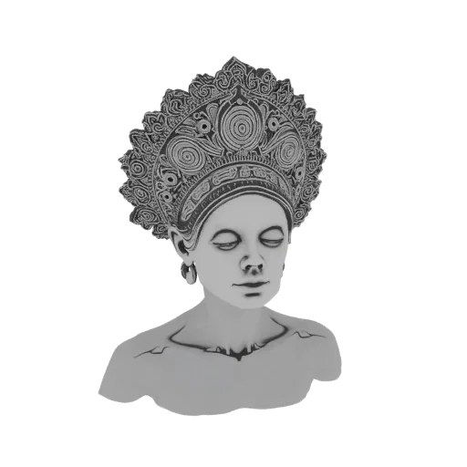 3D model of a Balinese dancer bust with closed eyes and an elaborate, ornate headdress, rendered in grayscale.