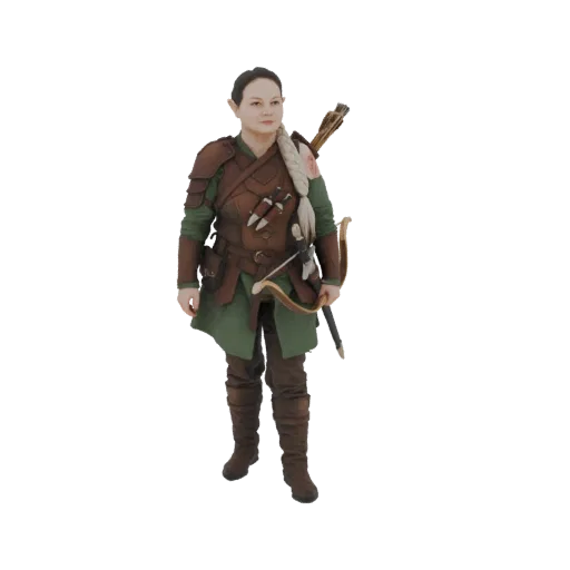 3D model of a female elf archer standing, holding a bow, with arrows in a quiver on her back.