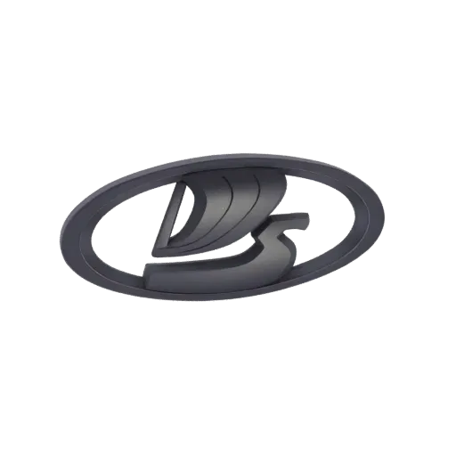 3D model of the Lada Vesta car emblem, a dark metallic oval with a stylized ship design inside.