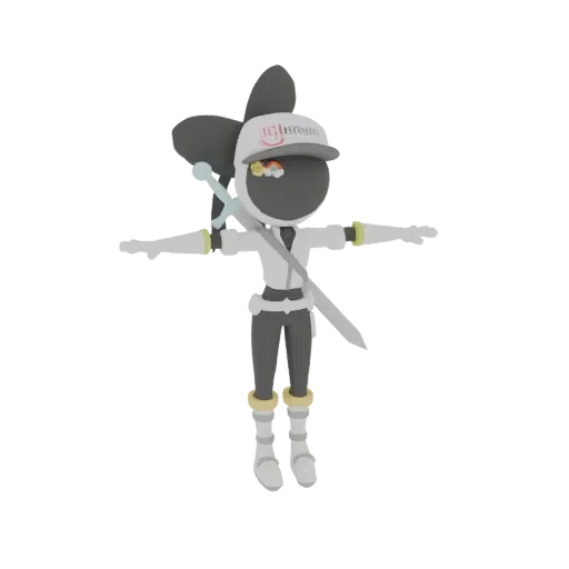 Modelo 3D de um personagem guerreiro chibi com corpo escuro, traje branco, boné e espada, em pose T.