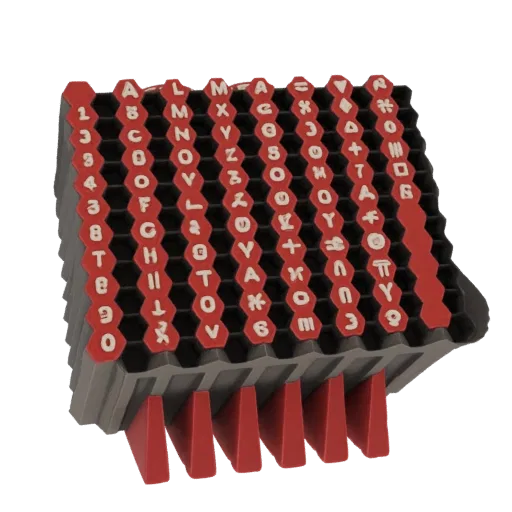 3D model of a hexagonal holder with rows of alphabet and number stamps, presented in red and gray.
