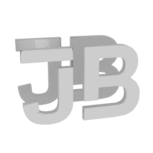 Un rendu 3D du logo monogramme 'JB' entrelacé, présenté dans un style épuré, moderne et légèrement biseauté sur fond blanc.