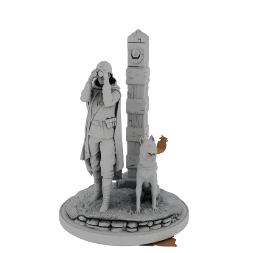 3D model of a grey-toned explorer figure with binoculars, a dog, and a stone monument on a textured base.