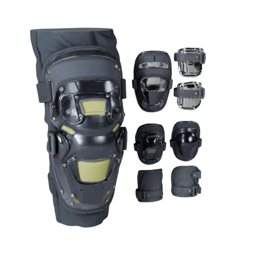 Rodilleras de Entrenamiento Modelo 3D de Alta Poligonalidad, render de estudio en primer plano, mostrando escudos transparent
