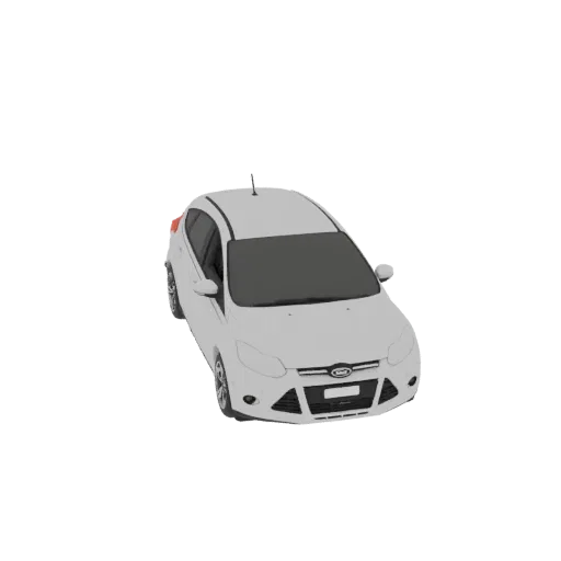 A 3D model of a white Ford Focus hatchback viewed from a high angle, showcasing its exterior details.