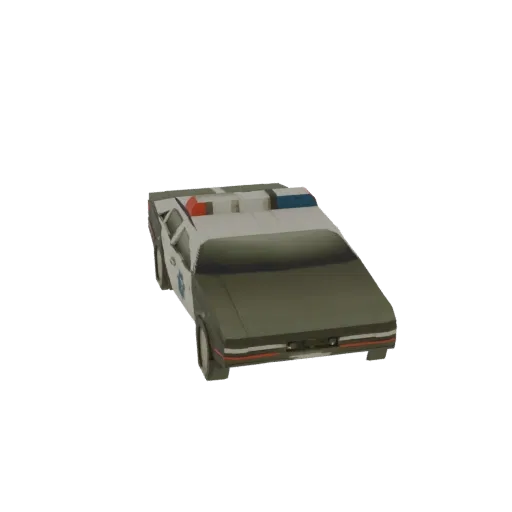3D model of a retro police cruiser with red and blue lights on top, viewed from a slight angle.