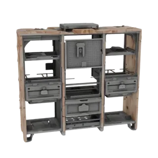 Modelo 3D de módulo de armazenamento sci-fi com prateleiras e gavetas, apresentando design industrial desgastado.