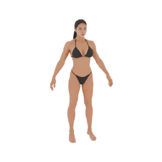 Modelo 3D de mujer atlética con cabello oscuro, vistiendo un bikini negro, de pie con los brazos ligeramente separados del cu