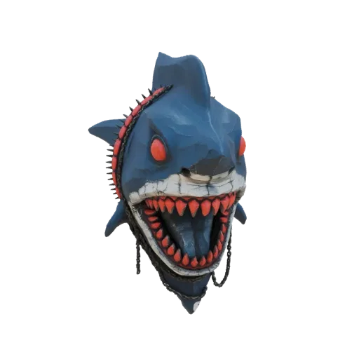 A 3D model of a fearsome shark head trophy with sharp teeth, glowing red eyes, and heavy chains wrapped around its neck, set