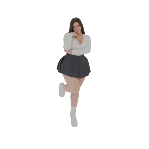 3D model of a curvy woman with long dark hair, wearing a white long-sleeved top and a grey pleated skirt, posing with one leg
