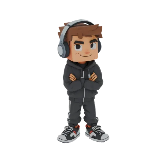 3D model of a stylized young boy with headphones, wearing a grey hoodie and pants, with arms crossed.